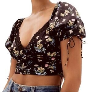 For Love & Lemons Women’s Size S Black Floral Satin August Cropped V-Neck Top